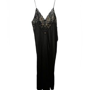 Vintage Womens Lace Front Side Slit Slip Dress Black Gold Fairy Coquette Nylon